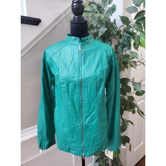 Jessica London Women's Teal Leather Long Sleeve Two Way Zipper Jacket Size 14 - Picture 1 of 14